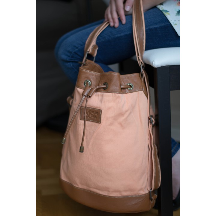 Valentine - Camel leather and pink fabric