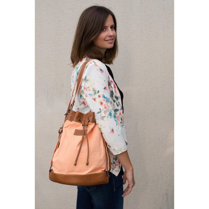 Valentine - Cuir camel et tissu rose