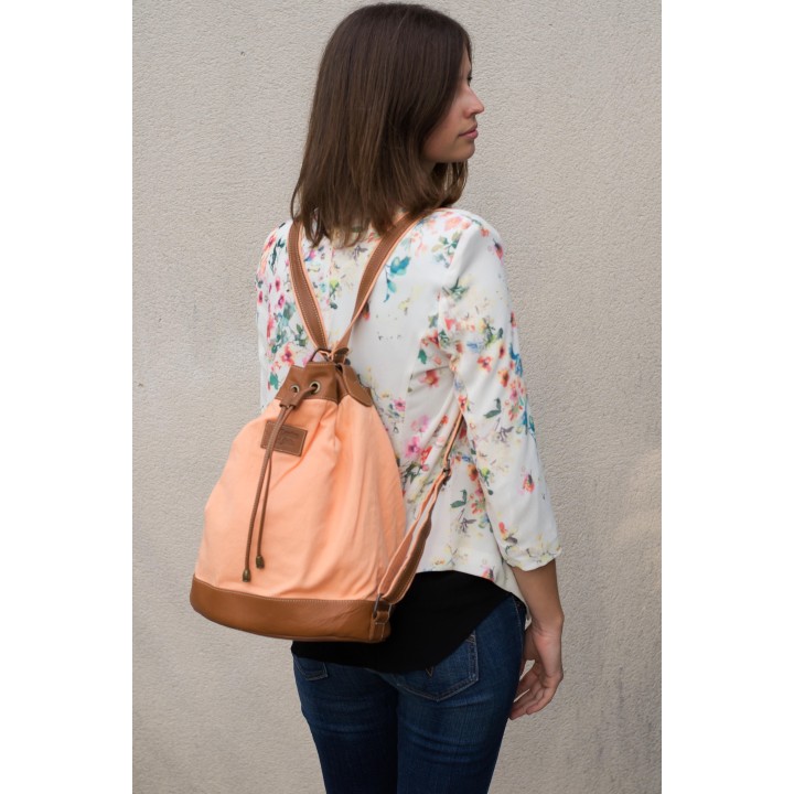 Valentine - Camel leather and pink fabric