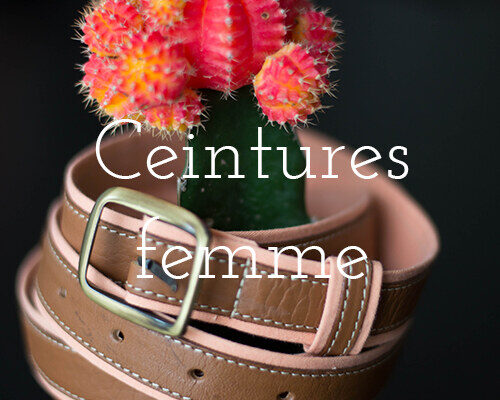 Ceintures femme – voir la collection. Ceintures femme en cuir camel et rose enroulées près d’un cactus